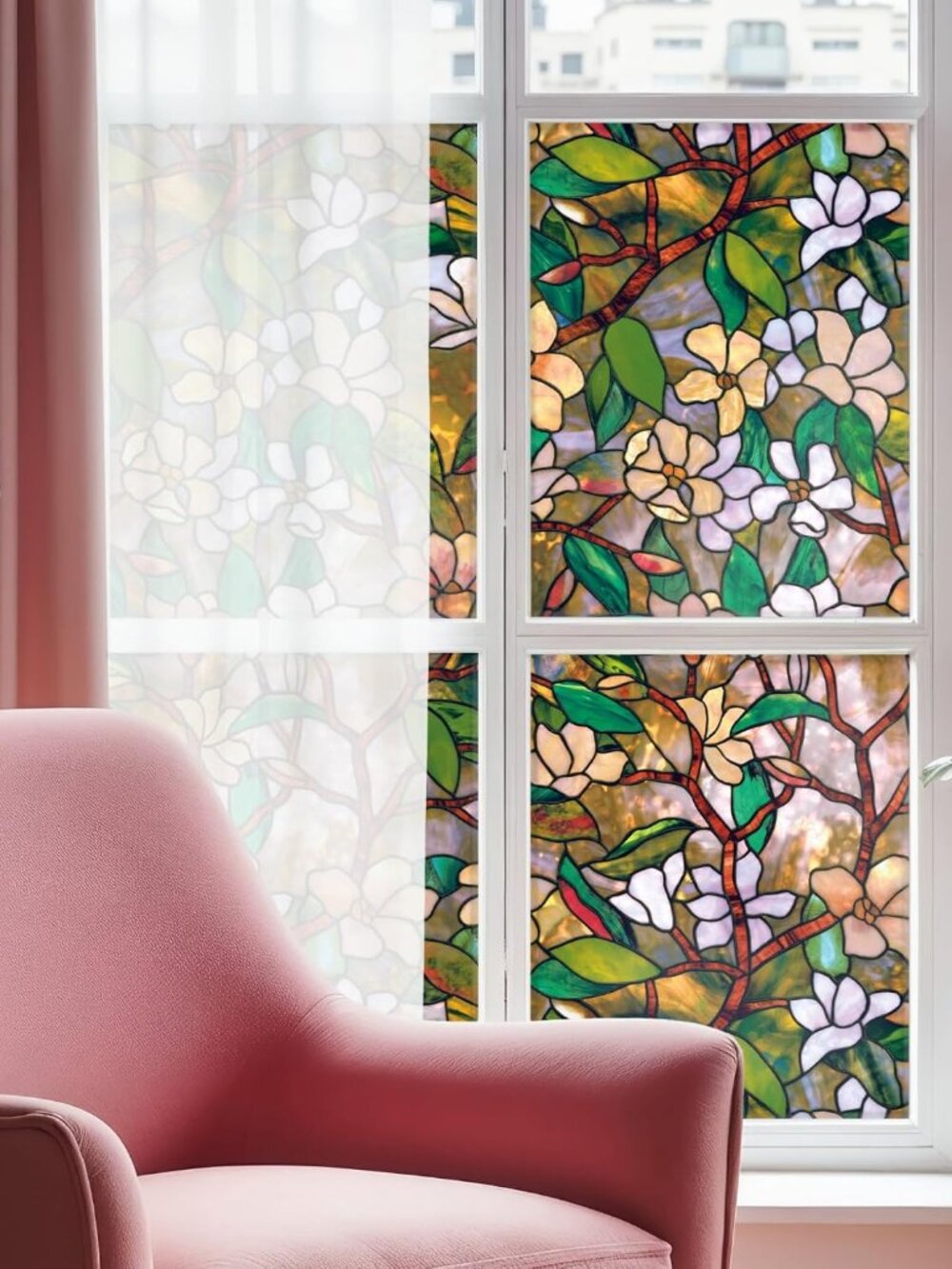 Magnolia Window Privacy Film by - Decorative Stained Glass Design, Static Cling,
